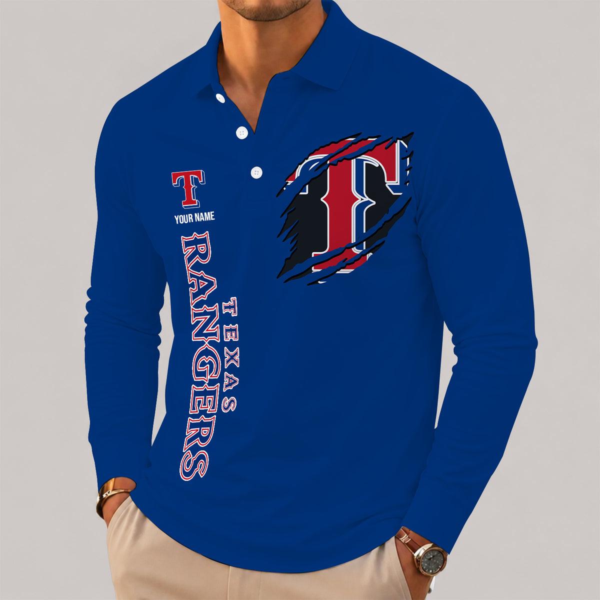 [FLASH SALE] NEW CUSTOMIZED MLB08 TRS TEXAS RANGERS MEN'S LONG SLEEVE POLO