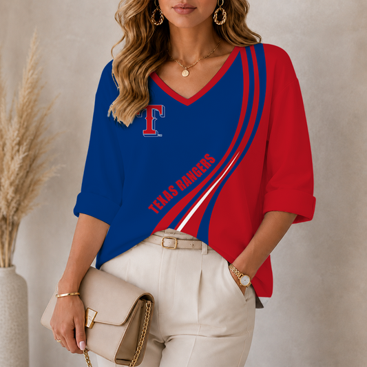 [FLASH SALE] NEW CUSTOMIZED MLB08 TRS TEXAS RANGERS WOMEN'S HEART V-NECK LONG SLEEVE SHIRT