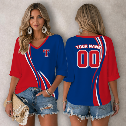 [FLASH SALE] NEW CUSTOMIZED MLB08 TRS TEXAS RANGERS WOMEN'S HEART V-NECK LONG SLEEVE SHIRT