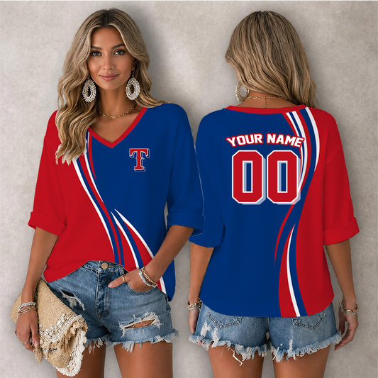 [FLASH SALE] NEW CUSTOMIZED MLB08 TRS TEXAS RANGERS WOMEN'S HEART V-NECK LONG SLEEVE SHIRT