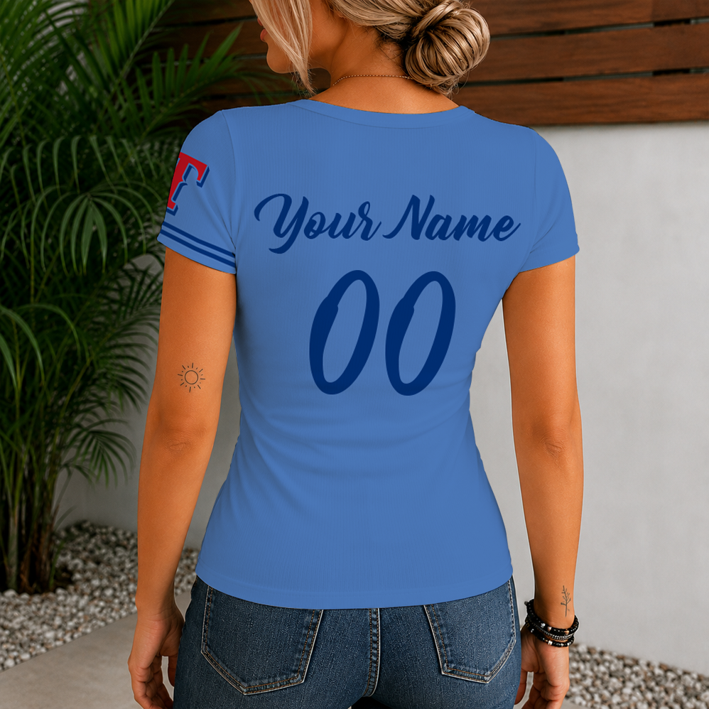 [FLASH SALE] NEW CUSTOMIZED MLB08 TRS TEXAS RANGERS WOMEN'S SHORT SLEEVE HENLEY T-SHIRT