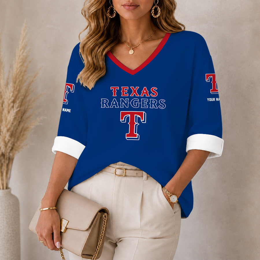 [FLASH SALE] NEW CUSTOMIZED MLB08 TRS TEXAS RANGERS WOMEN'S HEART V-NECK LONG SLEEVE SHIRT
