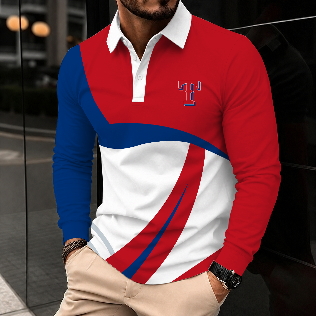 [FLASH SALE] NEW CUSTOMIZED MLB08 TRS TEXAS RANGERS MEN'S LONG SLEEVE POLO