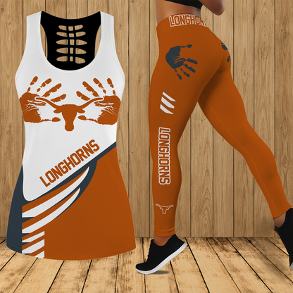 [FAN FAVORITE] NEW CUSTOMIZED NCAA MAM08 TXL TEXAS LONGHORNS STRAPPY HOLLOW TANK TOP & LEGGINGS SET