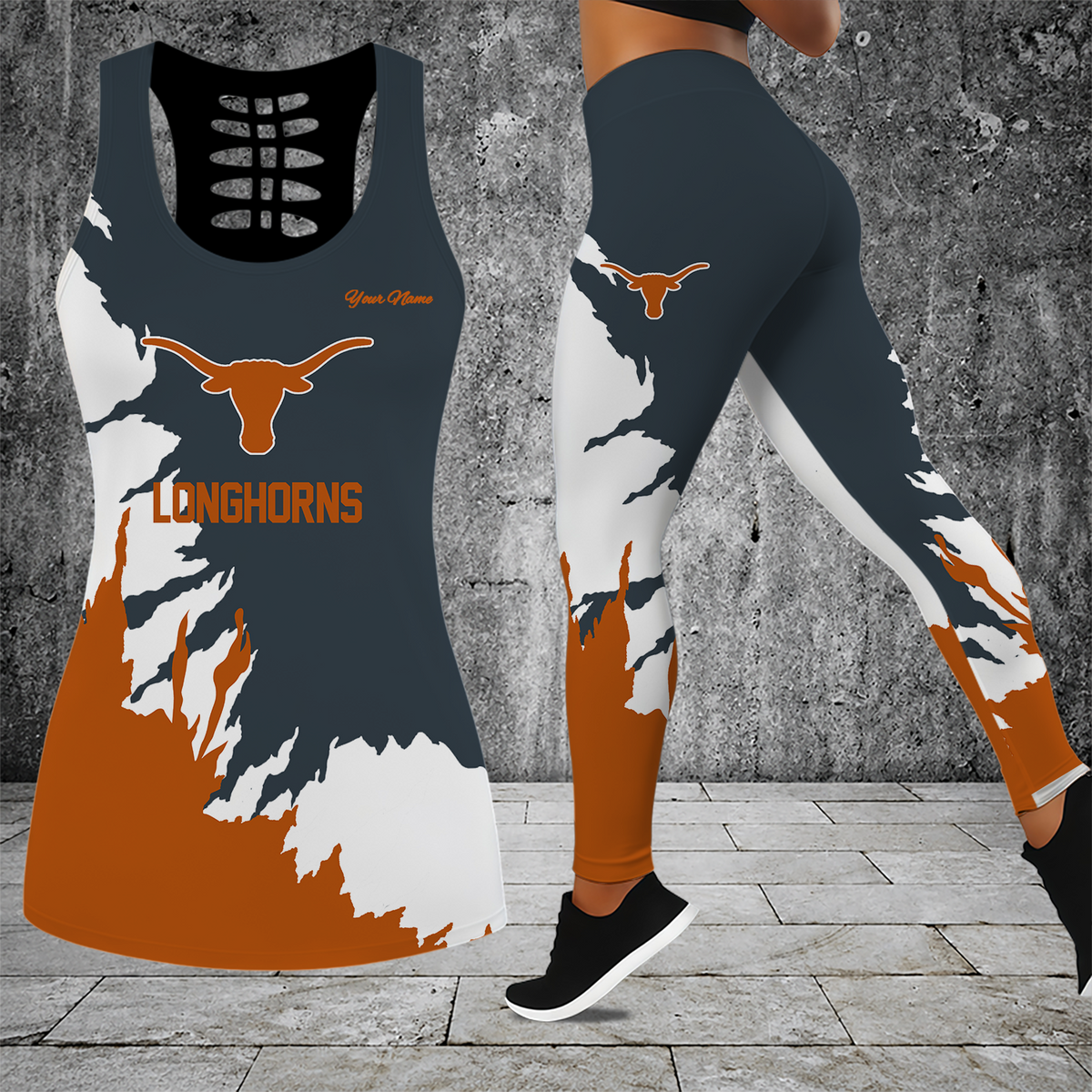 [FAN FAVORITE] NEW CUSTOMIZED NCAA MAM08 TXL TEXAS LONGHORNS STRAPPY HOLLOW TANK TOP & LEGGINGS SET