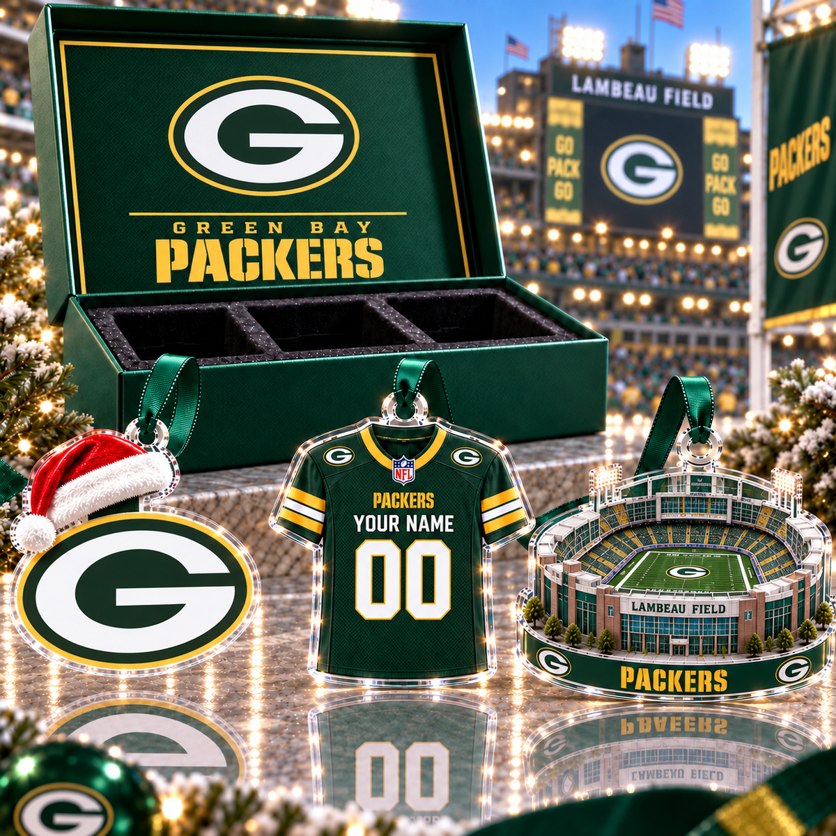 [FULL SET 3 ITEMS - NO BOX] NEW CUSTOMIZED NFL08 GBP GREEN BAY PACKERS CHRISTMAS ACRYLIC ORNAMENT