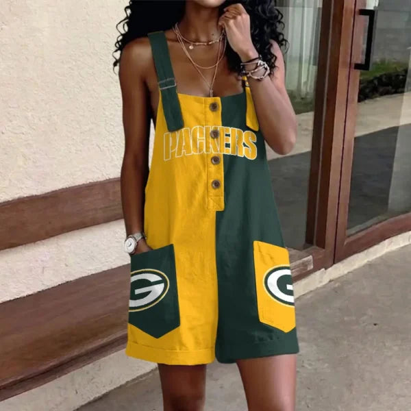 [SPECIAL OFFER] NEW CUSTOMIZED NFL08 GBP GREEN BAY PACKERS WOMEN'S HIGH-WAISTED SHORTS OVERALLS