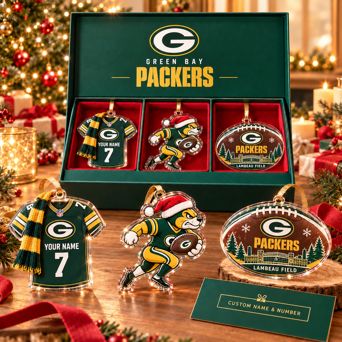 [FULL SET 3 ITEMS - NO BOX] NEW CUSTOMIZED NFL08 GBP GREEN BAY PACKERS CHRISTMAS ACRYLIC ORNAMENT
