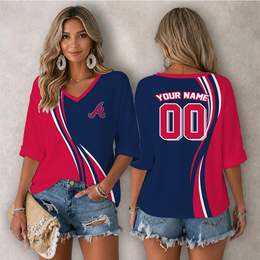 [FLASH SALE] NEW CUSTOMIZED MLB09 ABS ATLANTA BRAVES WOMEN'S HEART V-NECK LONG SLEEVE SHIRT