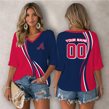 [FLASH SALE] NEW CUSTOMIZED MLB09 ABS ATLANTA BRAVES WOMEN'S HEART V-NECK LONG SLEEVE SHIRT