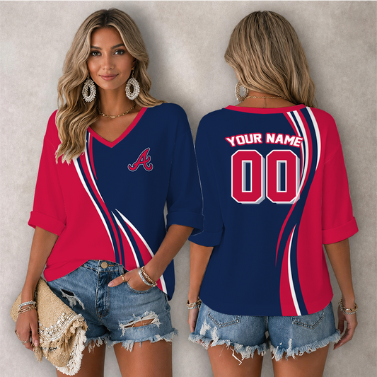 [FLASH SALE] NEW CUSTOMIZED MLB09 ABS ATLANTA BRAVES WOMEN'S HEART V-NECK LONG SLEEVE SHIRT