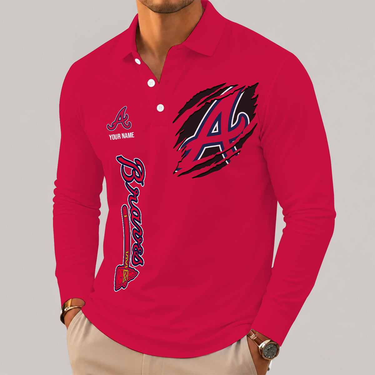 [FLASH SALE] NEW CUSTOMIZED MLB09 ABS ATLANTA BRAVES MEN'S LONG SLEEVE POLO