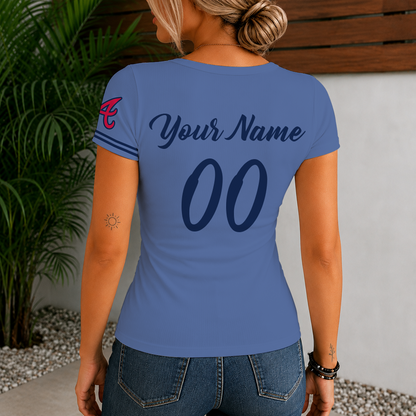 [FLASH SALE] NEW CUSTOMIZED MLB09 ABS ATLANTA BRAVES WOMEN'S SHORT SLEEVE HENLEY T-SHIRT