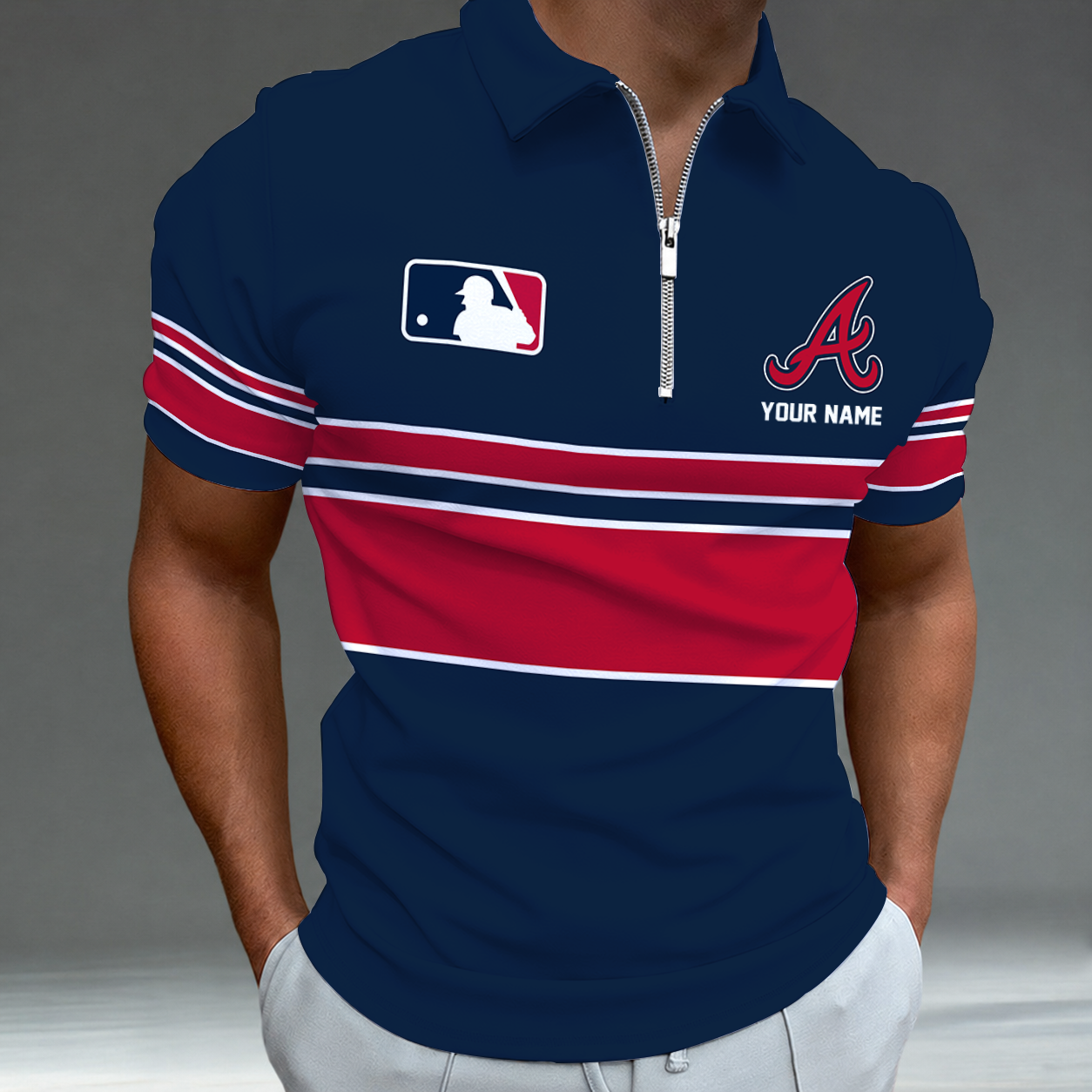 LIMITED EDITION - NEW CUSTOMIZED MLB09 ABS ATLANTA BRAVES ZIP POLO SHIRT