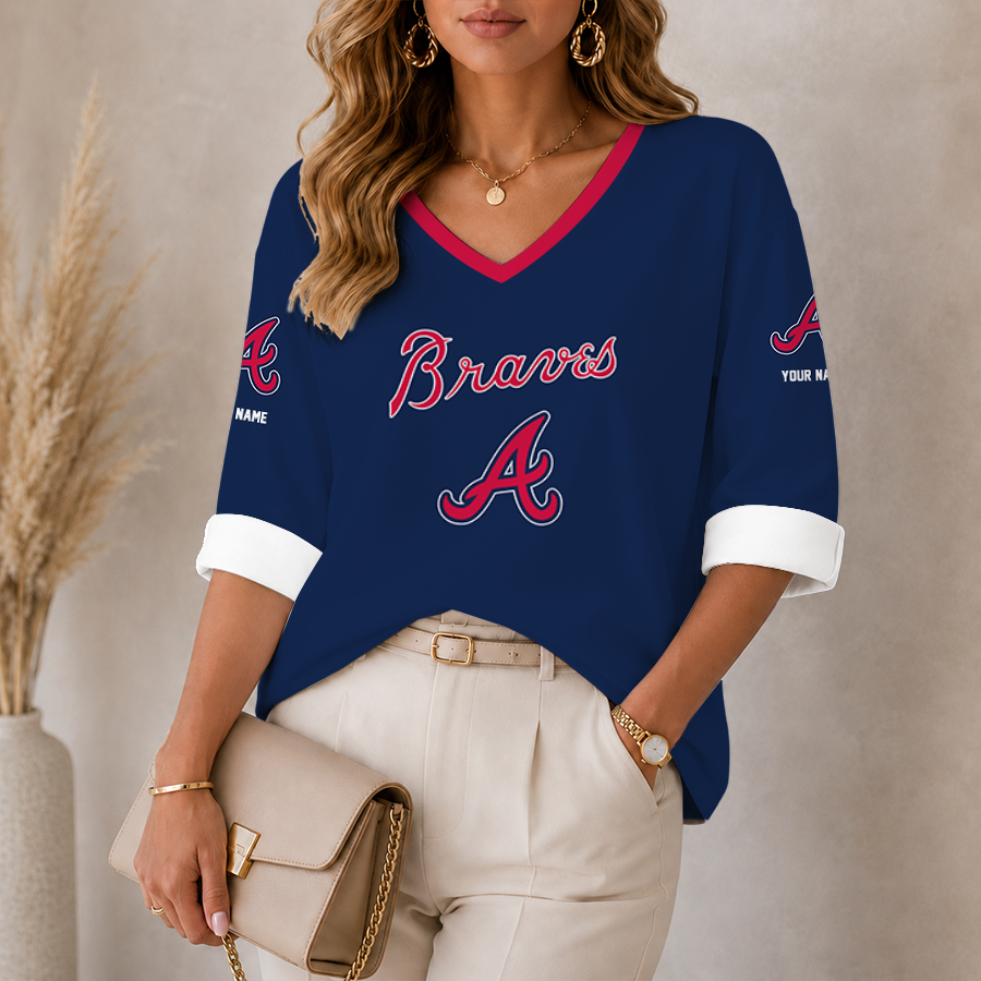[FLASH SALE] NEW CUSTOMIZED MLB09 ABS ATLANTA BRAVES WOMEN'S HEART V-NECK LONG SLEEVE SHIRT