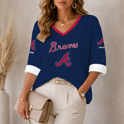 [FLASH SALE] NEW CUSTOMIZED MLB09 ABS ATLANTA BRAVES WOMEN'S HEART V-NECK LONG SLEEVE SHIRT