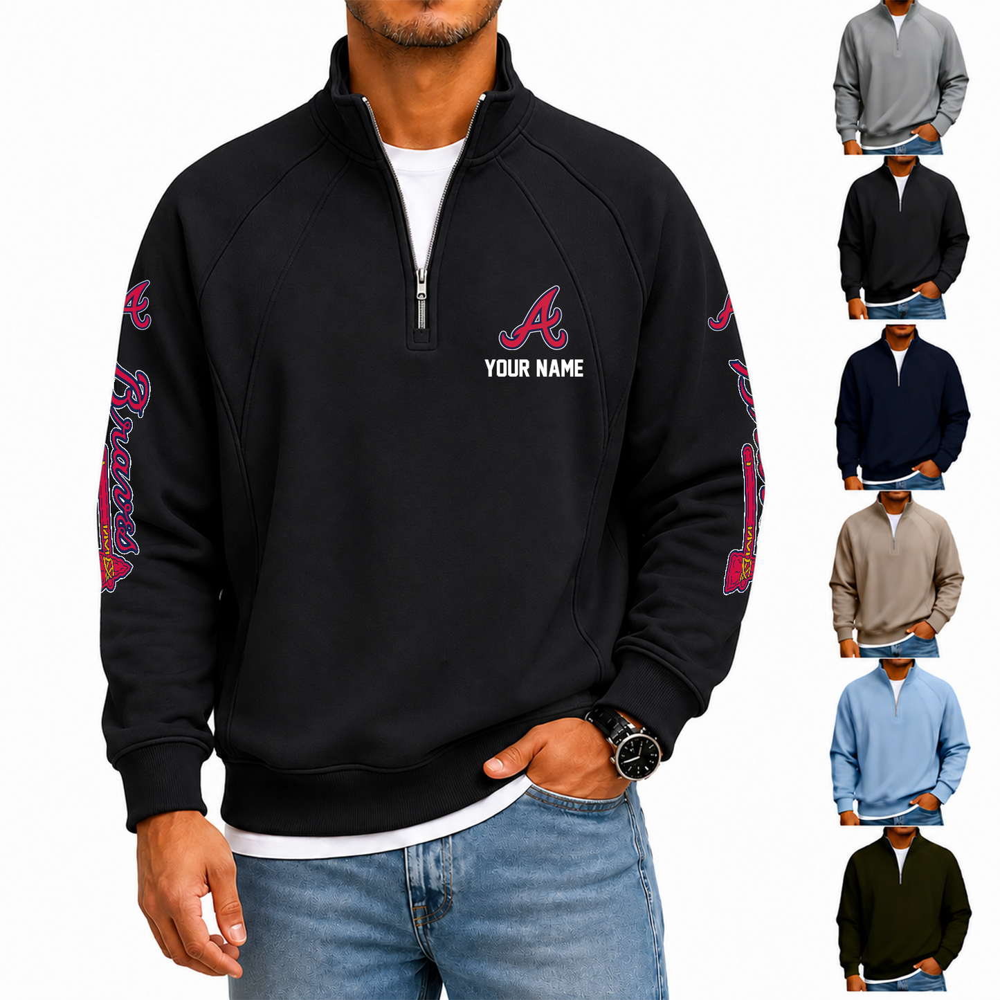 [FLASH SALE] NEW CUSTOMIZED MLB09 ABS ATLANTA BRAVES MEN'S QUARTER ZIP PULLOVER