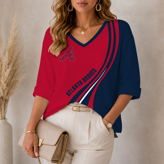 [FLASH SALE] NEW CUSTOMIZED MLB09 ABS ATLANTA BRAVES WOMEN'S HEART V-NECK LONG SLEEVE SHIRT