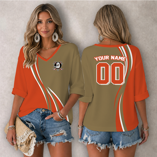 [SUPER SALE] NEW CUSTOMIZED NHL09 AHD ANAHEIM DUCKS WOMEN'S HEART V-NECK LONG SLEEVE SHIRT