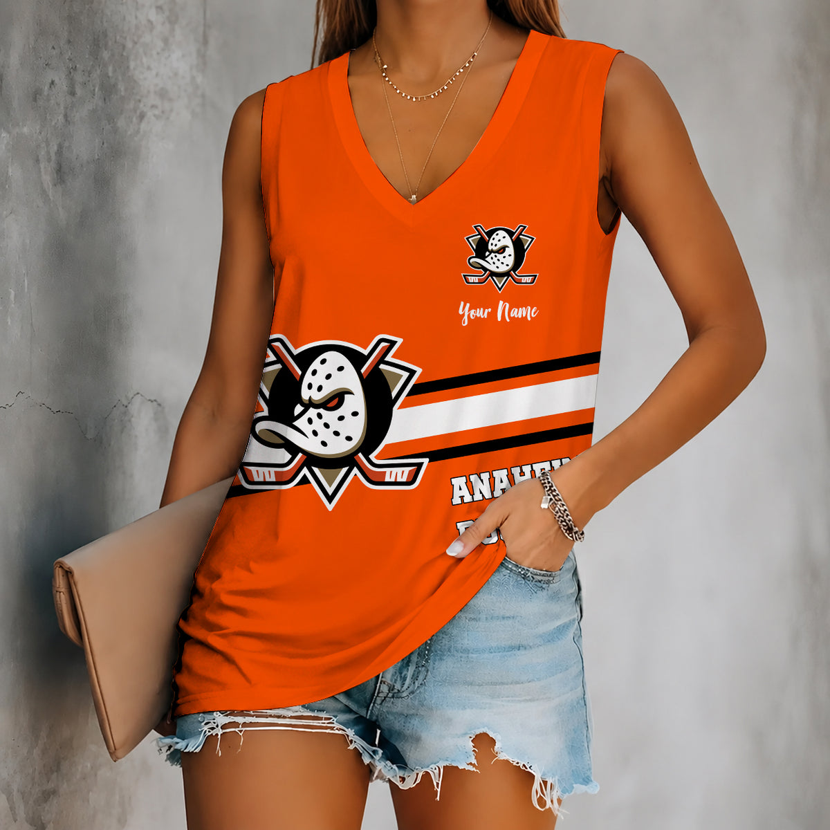 [SUPER SALE] NEW CUSTOMIZED NHL09 AHD ANAHEIM DUCKS WOMEN'S V-NECK TANK TOP