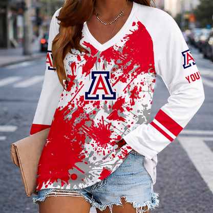 [FAN FAVORITE] NEW CUSTOMIZED NCAA MAM09 ARW ARIZONA WILDCATS WOMEN'S V-NECK LONG SLEEVED SHIRT