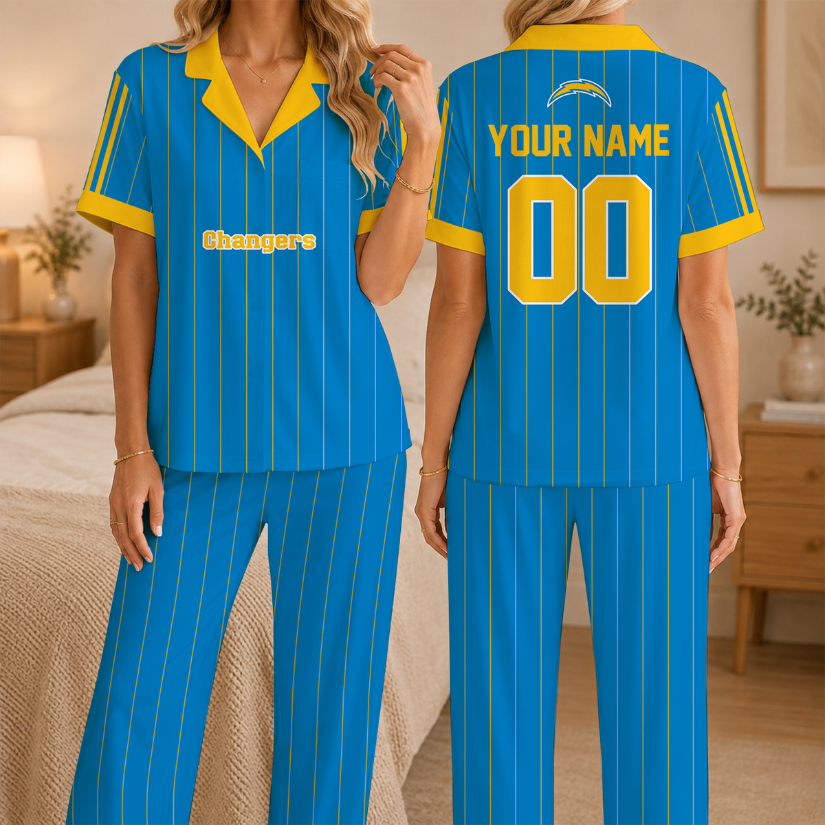 [SPECIAL OFFER] NEW CUSTOMIZED NFL09 LAC LOS ANGELES CHARGERS SHORT SLEEVE & LONG PANTS PAJAMAS SET