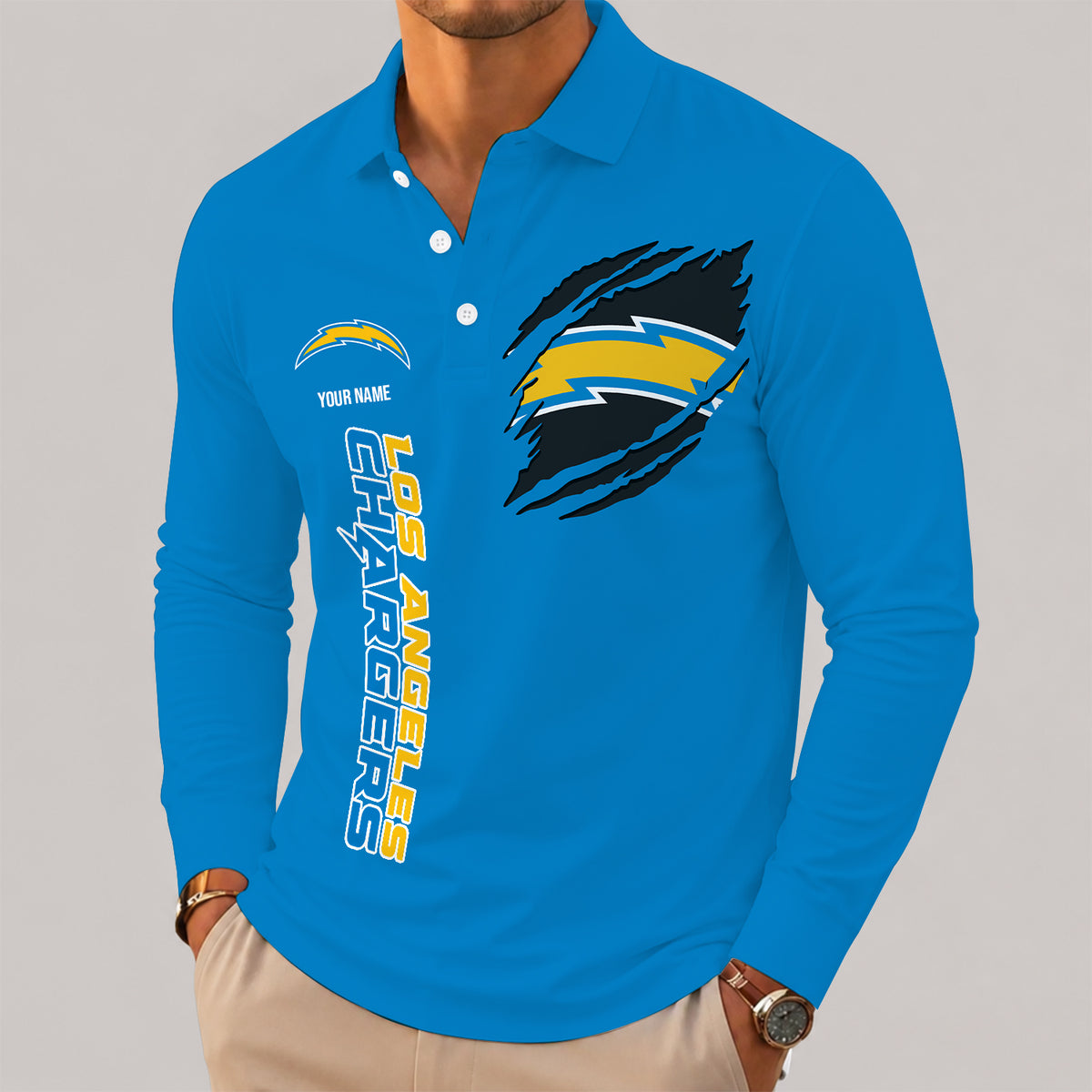 [SPECIAL OFFER] NEW CUSTOMIZED NFL09 LAC LOS ANGELES CHARGERS LONG SLEEVE POLO SHIRT