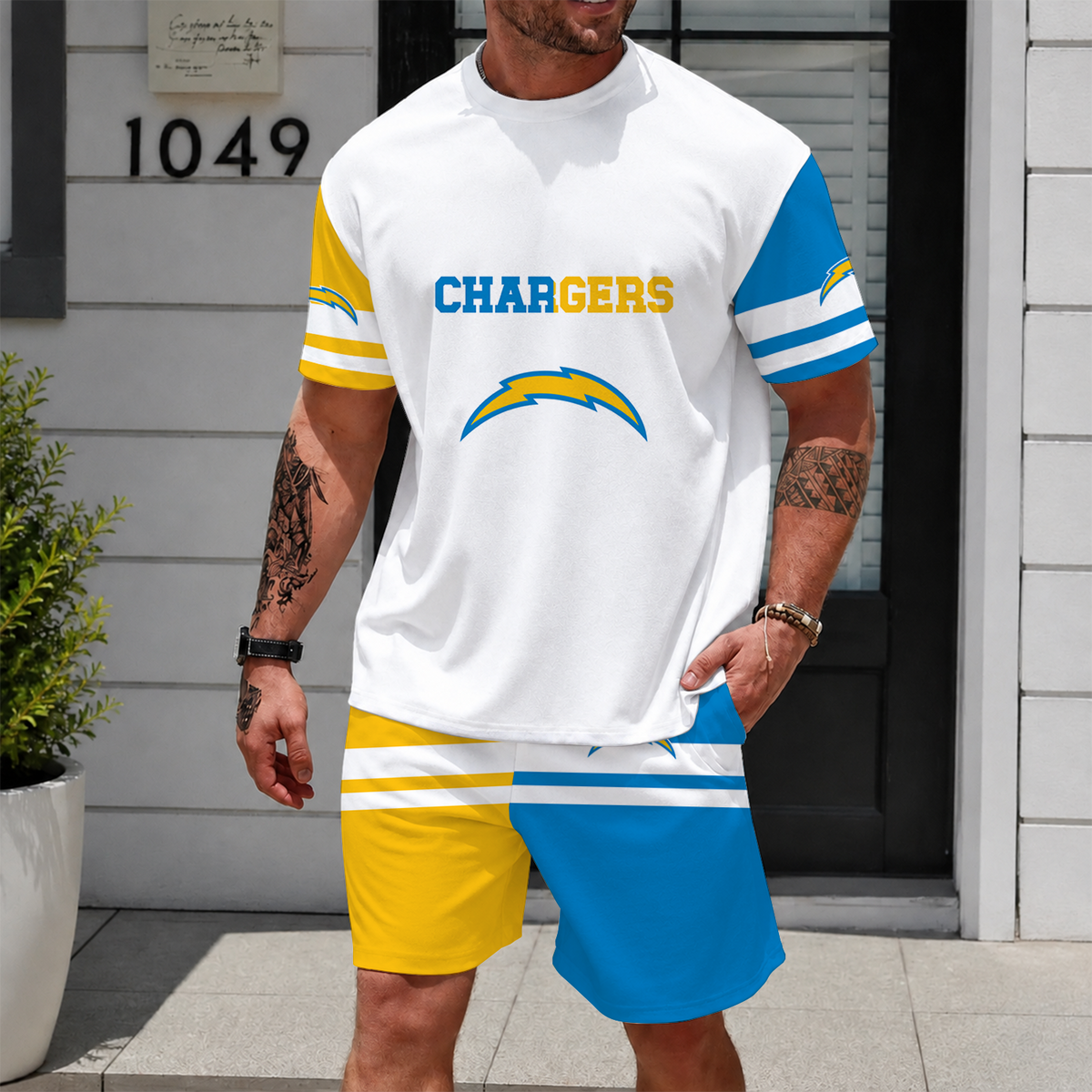 [SPECIAL OFFER] NEWCUSTOMIZED NFL09 LAC LOS ANGELES CHARGERS UNISEX T-SHIRT & SHORTS SET