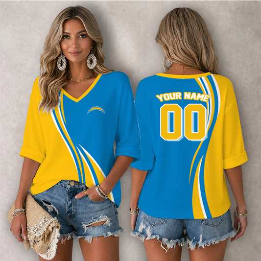 [SPECIAL OFFER] NEW CUSTOMIZED NFL09 LAC LOS ANGELES CHARGERS WOMEN'S HEART V-NECK LONG SLEEVE SHIRT