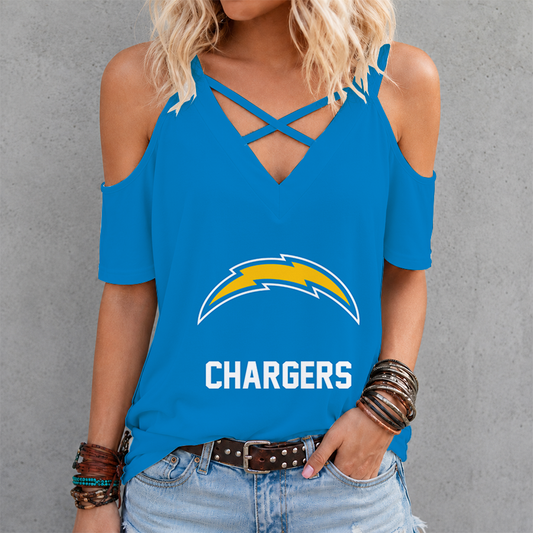 [SPECIAL OFFER] NEW CUSTOMIZED NFL09 LAC LOS ANGELES CHARGERS CRISS CROSS V-NECK TOP
