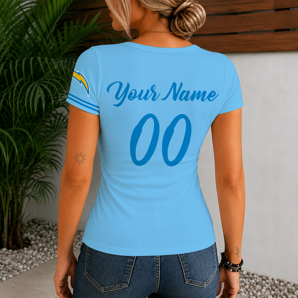 [SPECIAL OFFER] NEW CUSTOMIZED NFL09 LAC LOS ANGELES CHARGERS WOMEN'S SHORT SLEEVE HENLEY T-SHIRT