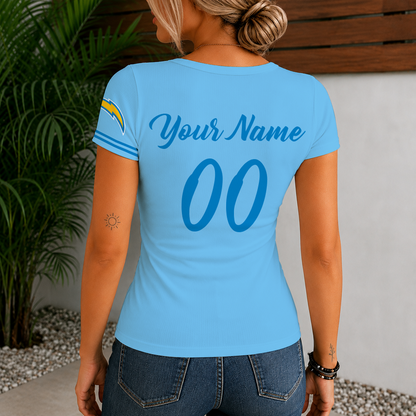 [SPECIAL OFFER] NEW CUSTOMIZED NFL09 LAC LOS ANGELES CHARGERS WOMEN'S SHORT SLEEVE HENLEY T-SHIRT