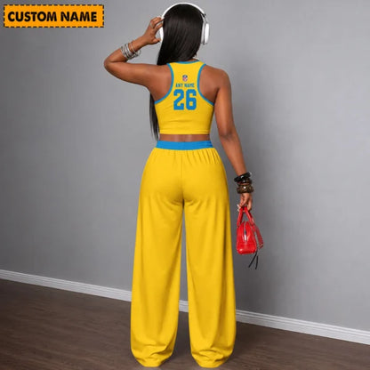 [SPECIAL OFFER] NEW CUSTOMIZED NFL09 LAC LOS ANGELES CHARGERS WOMEN'S CROP TOP & LONGPANTS SET