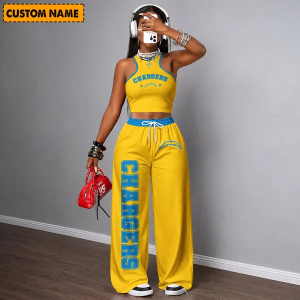 [SPECIAL OFFER] NEW CUSTOMIZED NFL09 LAC LOS ANGELES CHARGERS WOMEN'S CROP TOP & LONGPANTS SET