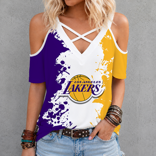 [HOT DEAL] NEW CUSTOMIZED NBA09 LLA LOS ANGELES LAKERS CRISS CROSS V-NECK TOP
