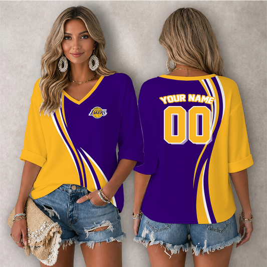 [HOT DEAL] NEW CUSTOMIZED NBA09 LLA LOS ANGELES LAKERS WOMEN'S HEART V-NECK LONG SLEEVE SHIRT