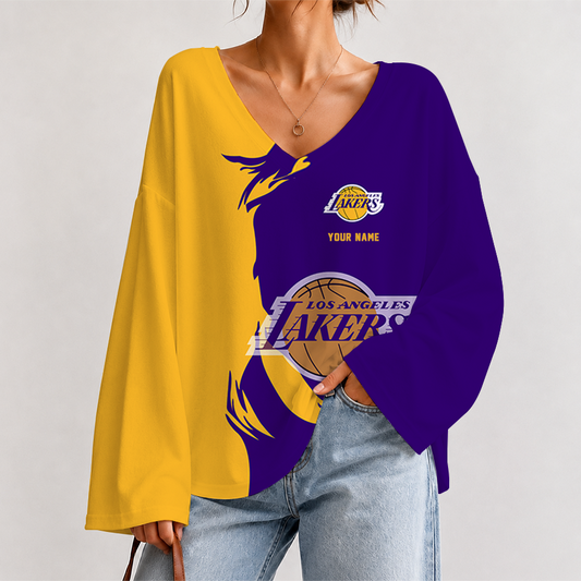 [HOT DEAL] NEW CUSTOMIZED NBA09 LLA LOS ANGELES LAKERS V-NECK LONG SLEEVED CROP TOP