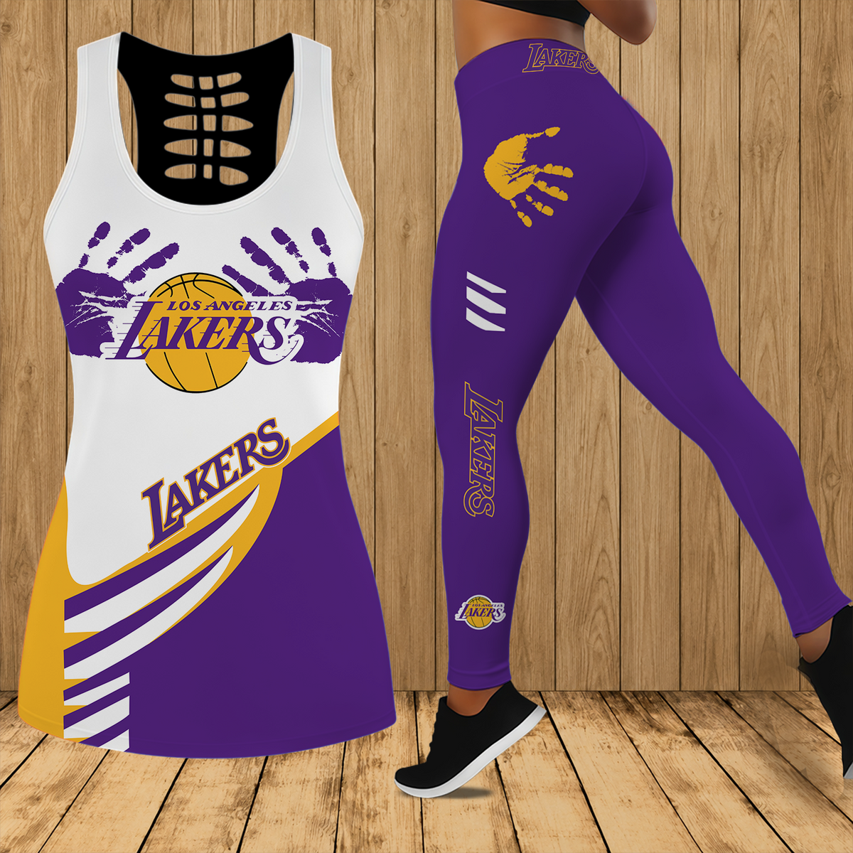 [HOT DEAL] NEW CUSTOMIZED NBA09 LLA LOS ANGELES LAKERS HOLLOW TANK TOP & LEGGINGS SET