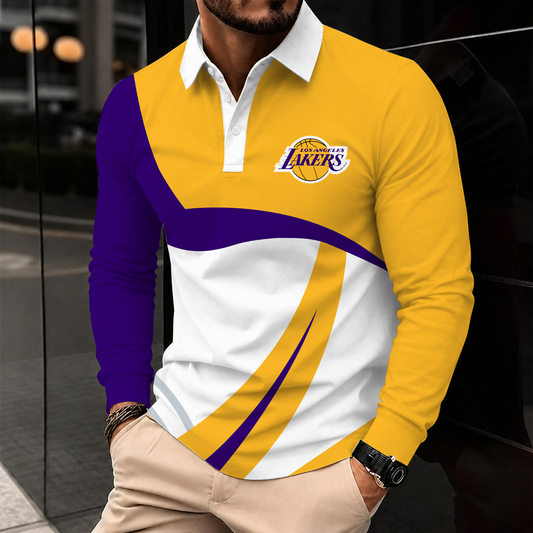 [HOT DEAL] NEW CUSTOMIZED NBA09 LLA LOS ANGELES LAKERS MEN LONG SLEEVE POLO