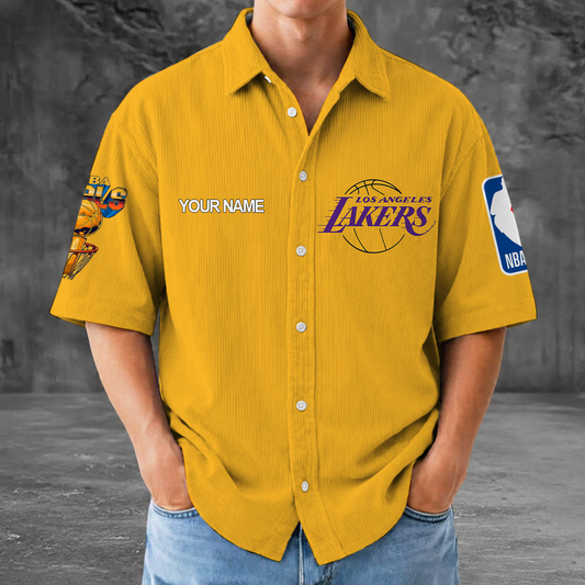[HOT DEAL] NEW CUSTOMIZED NBA09 LLA LOS ANGELES LAKERS SEERSUCKER BUTTON SHIRT