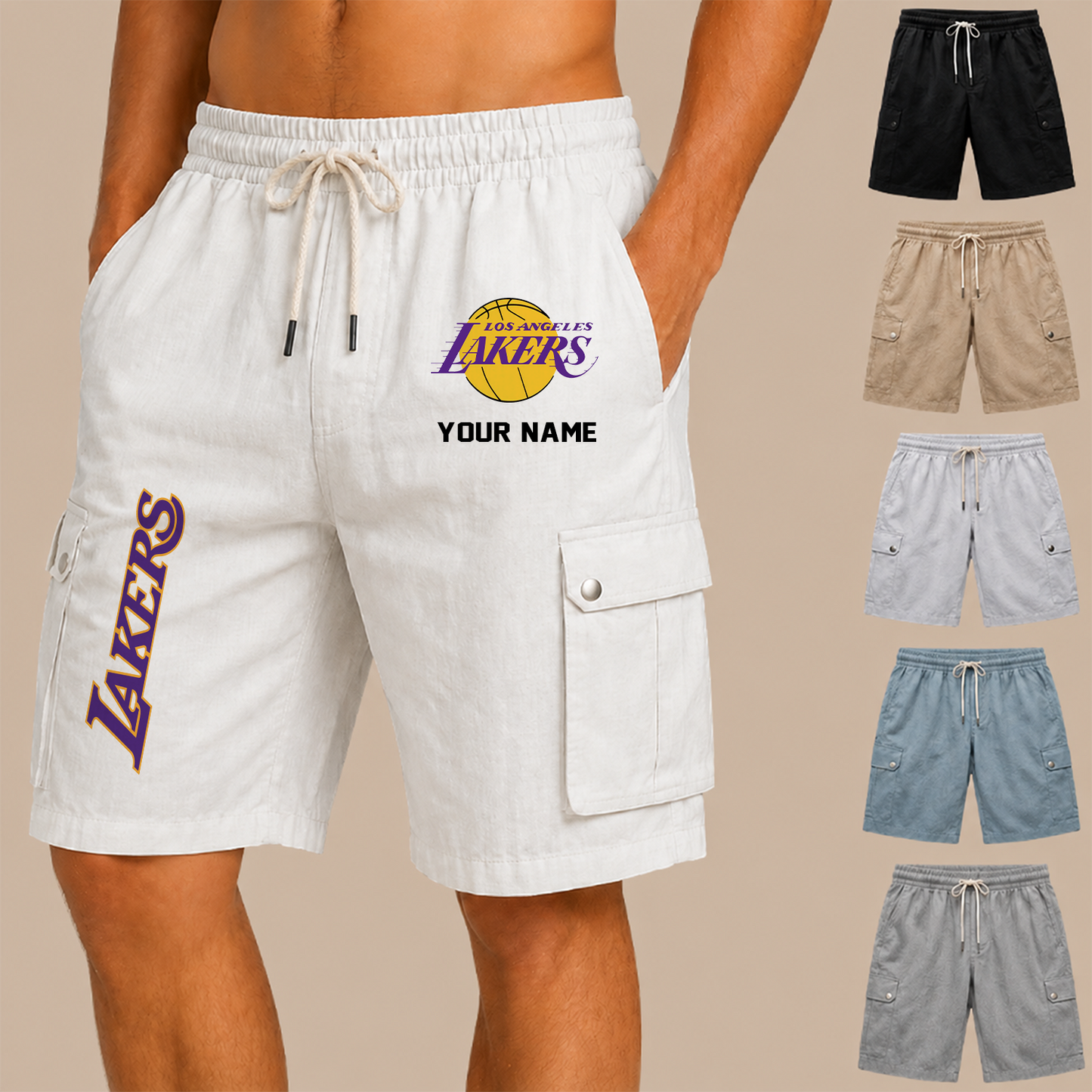 [HOT DEAL] NEW CUSTOMIZED NBA09 LLA LOS ANGELES LAKERS MEN'S DRAWSTRING CARGO SHORTS