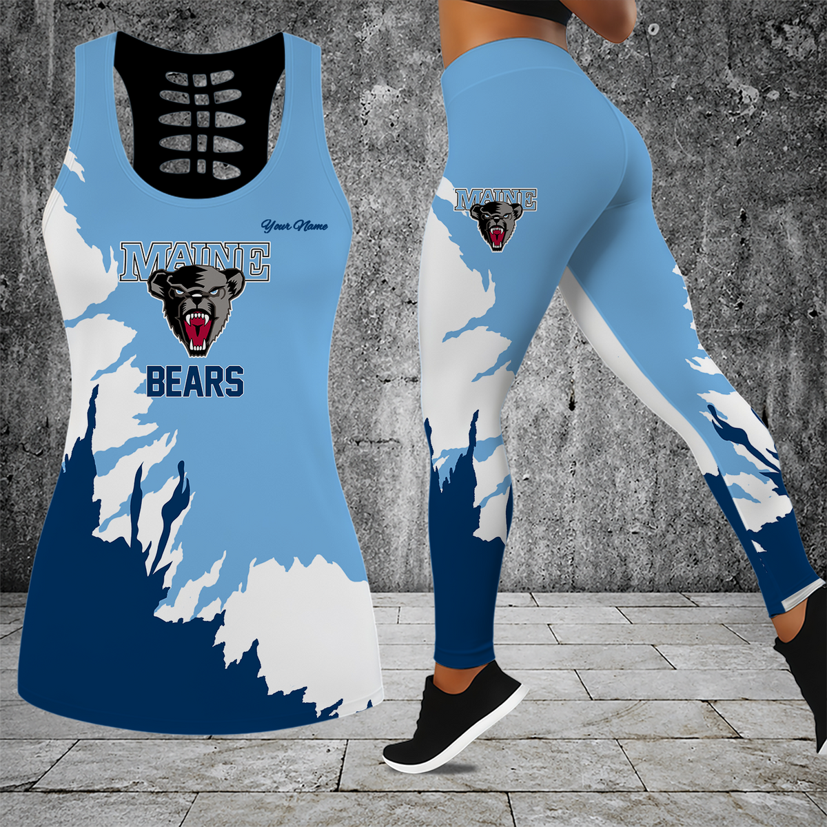 [FAN FAVORITE] NEW CUSTOMIZED NCAA MFF09 MBB MAINE BLACK BEARS HOLLOW TANK TOP & LEGGINGS SET