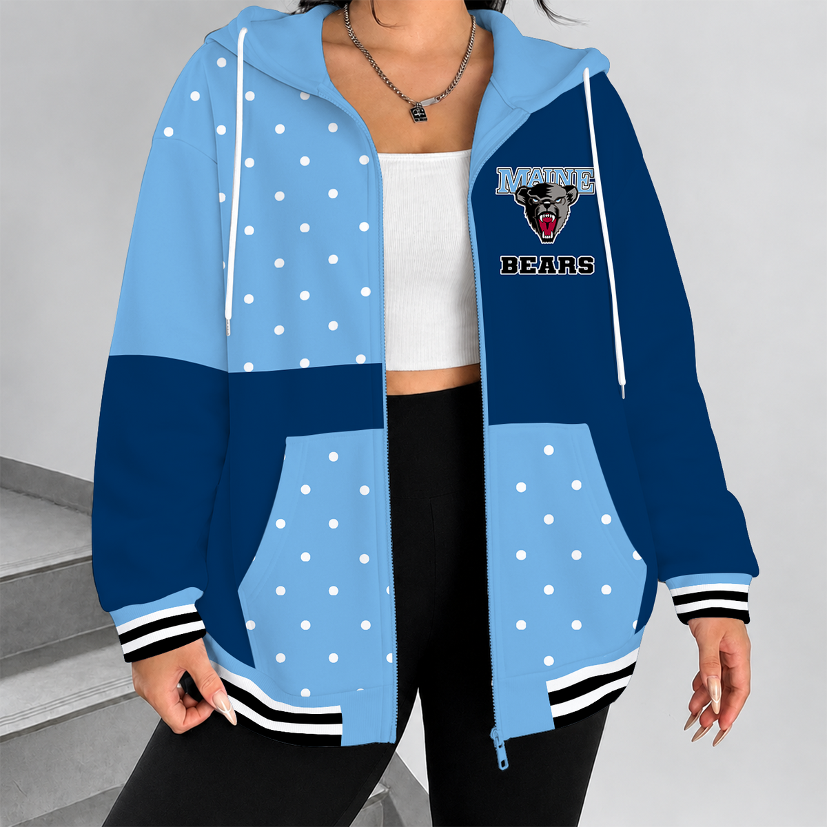 [FAN FAVORITE] NEW CUSTOMIZED NCAA MFF09 MBB MAINE BLACK BEARS STRAPPY ZIP HOODIE
