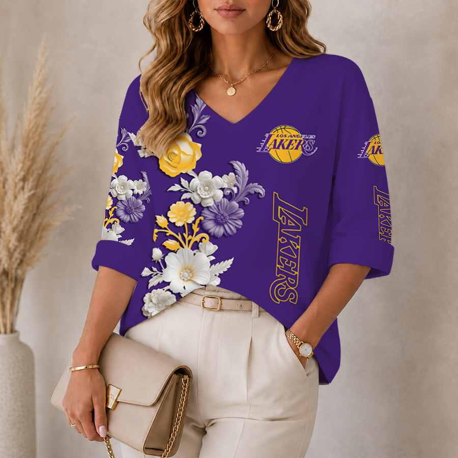 LIMITED EDITION - NEW CUSTOMIZED NBA09 LLA LOS ANGELES LAKERS WOMEN'S V-NECK LONG SLEEVE SHIRT