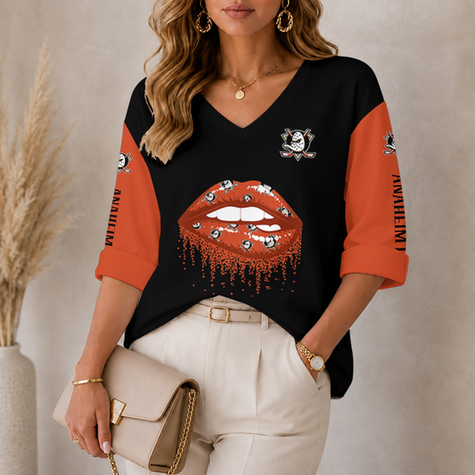 [SUPER SALE] NEW CUSTOMIZED NHL09 AHD ANAHEIM DUCKS WOMEN'S HEART V-NECK LONG SLEEVE SHIRT