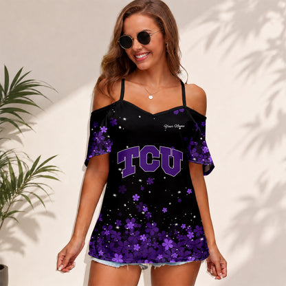 [FAN FAVORITE] NEW CUSTOMIZED NCAA FBS09 THF TCU HORNED FROGS WOMEN'S STRAPPY OFF-SHOULDER TOP