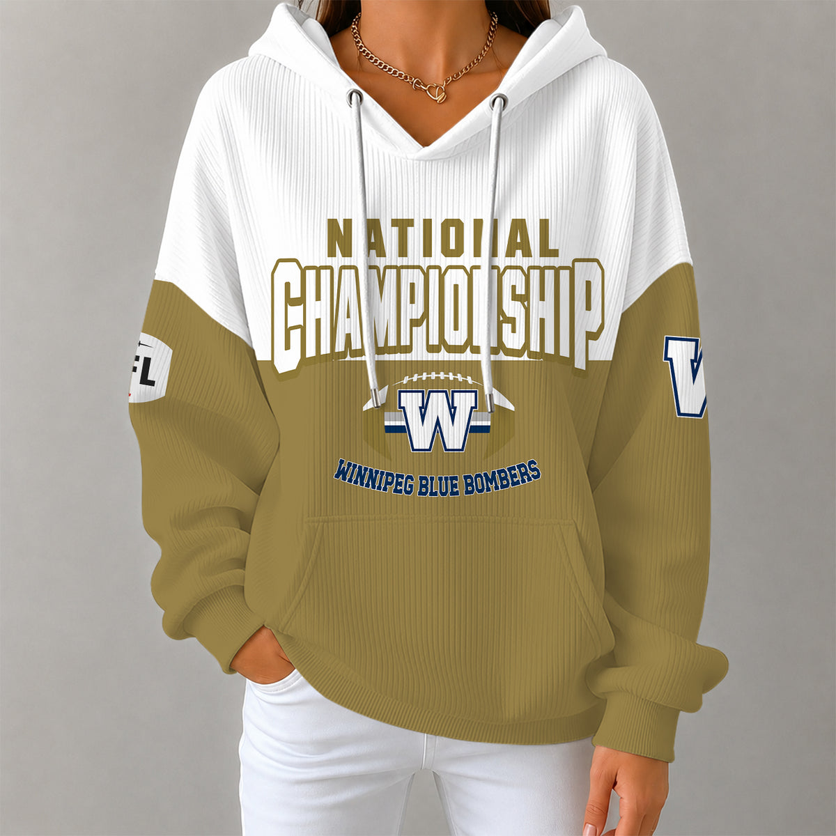 [FAN EXCLUSIVE] NEW CUSTOMIZED CFL09 WPG WINNIPEG BLUE BOMBERS STRAPPY RIBBED HOODIE & SWEATSHIRT
