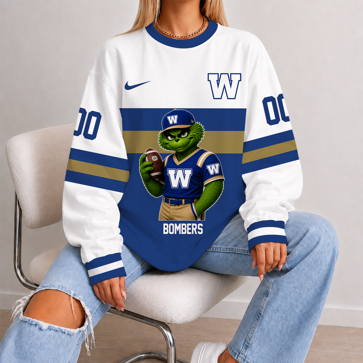 [FAN EXCLUSIVE] NEW CUSTOMIZED CFL09 WPG WINNIPEG BLUE BOMBERS STRAPPY UNISEX SWEATSHIRT
