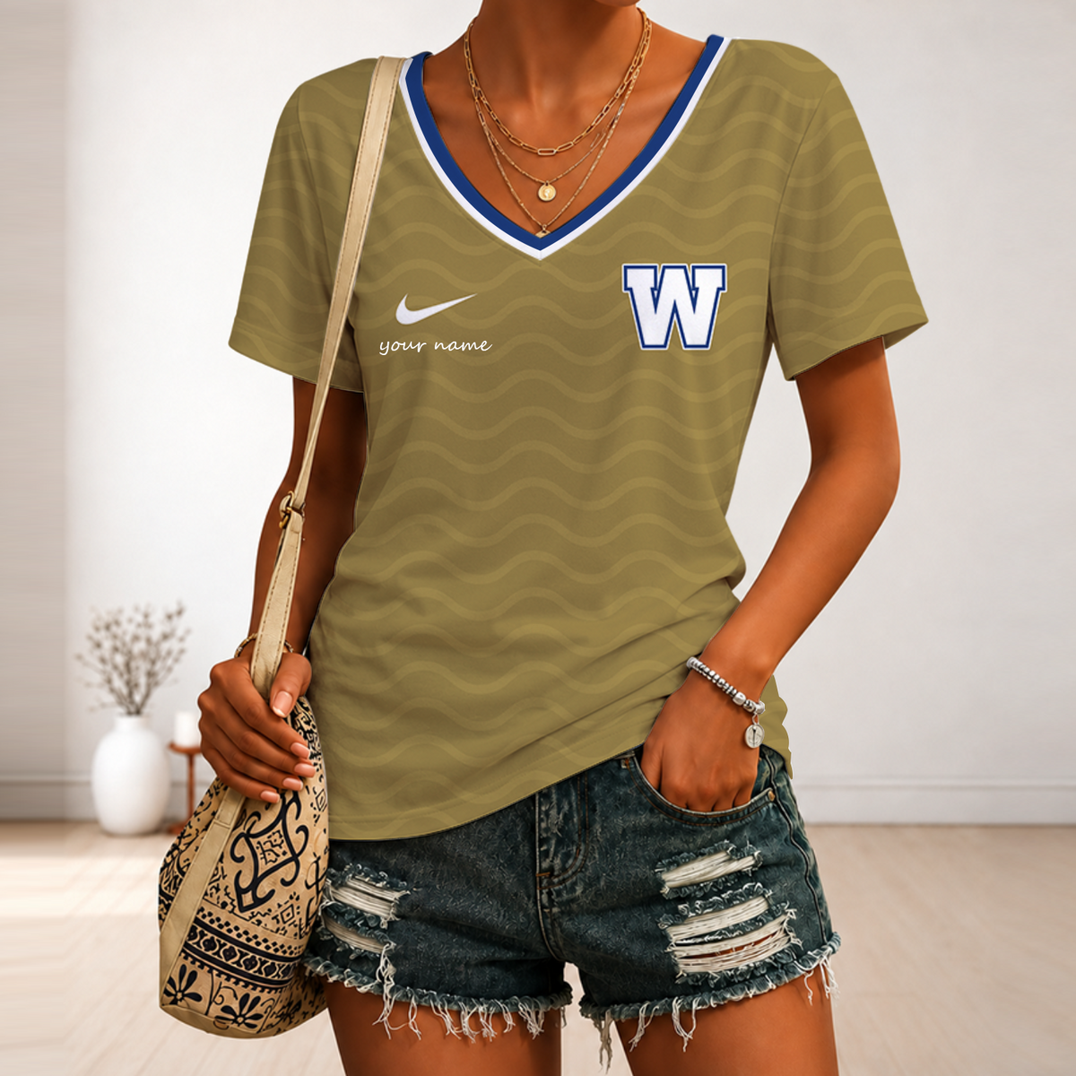 [FAN EXCLUSIVE] NEW CUSTOMIZED CFL09 WPG WINNIPEG BLUE BOMBERS STRAPPY V-NECK FEMALE SHIRT