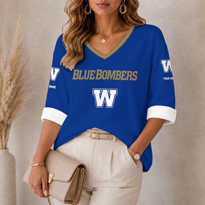 [FAN EXCLUSIVE] NEW CUSTOMIZED CFL09 WPG WINNIPEG BLUE BOMBERS STRAPPY WOMEN'S HEART V-NECK LONG SLEEVE SHIRT